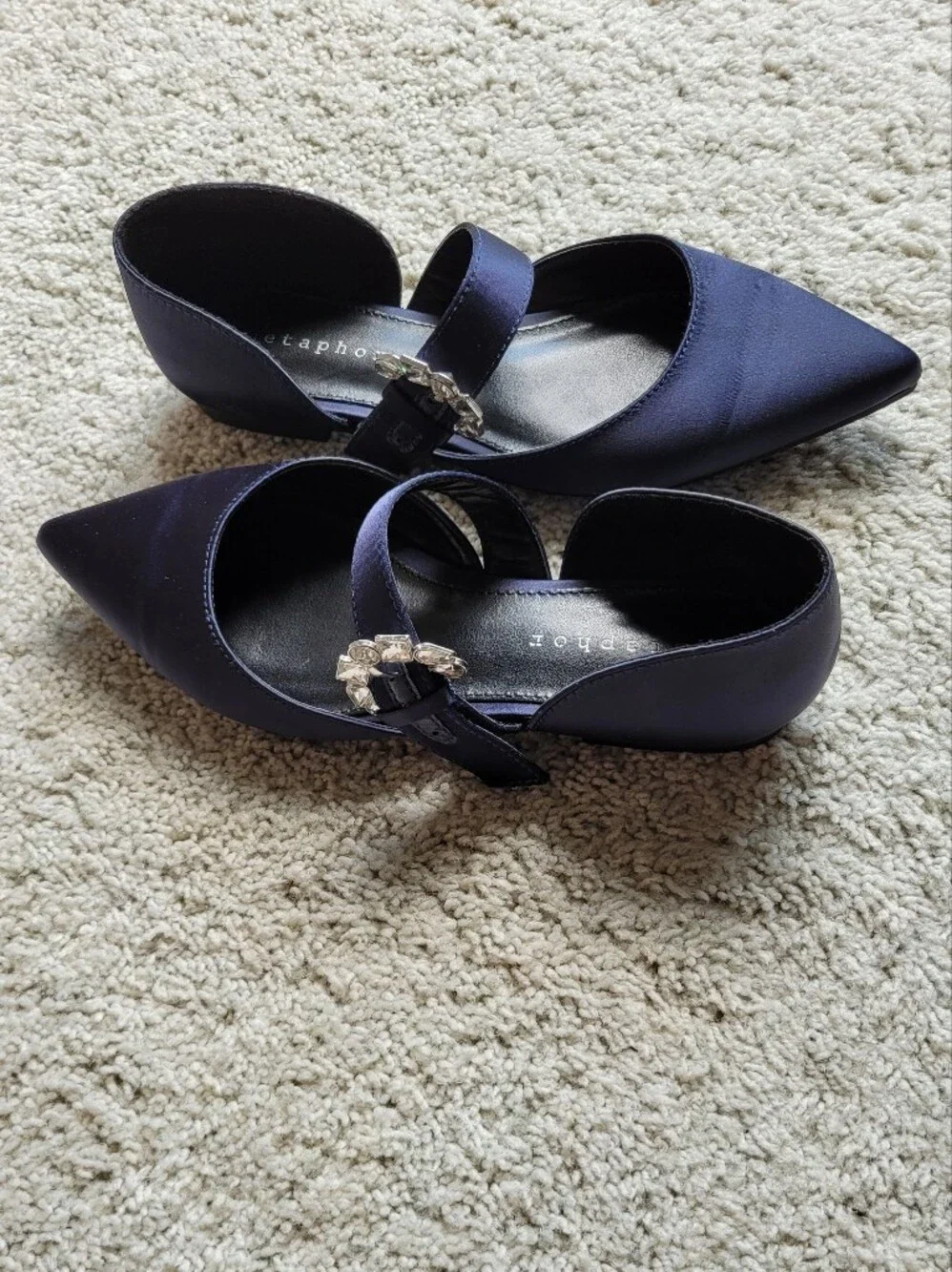 A Lovely Navy Satin Mary Jane With Pointed Toes And Jewelry